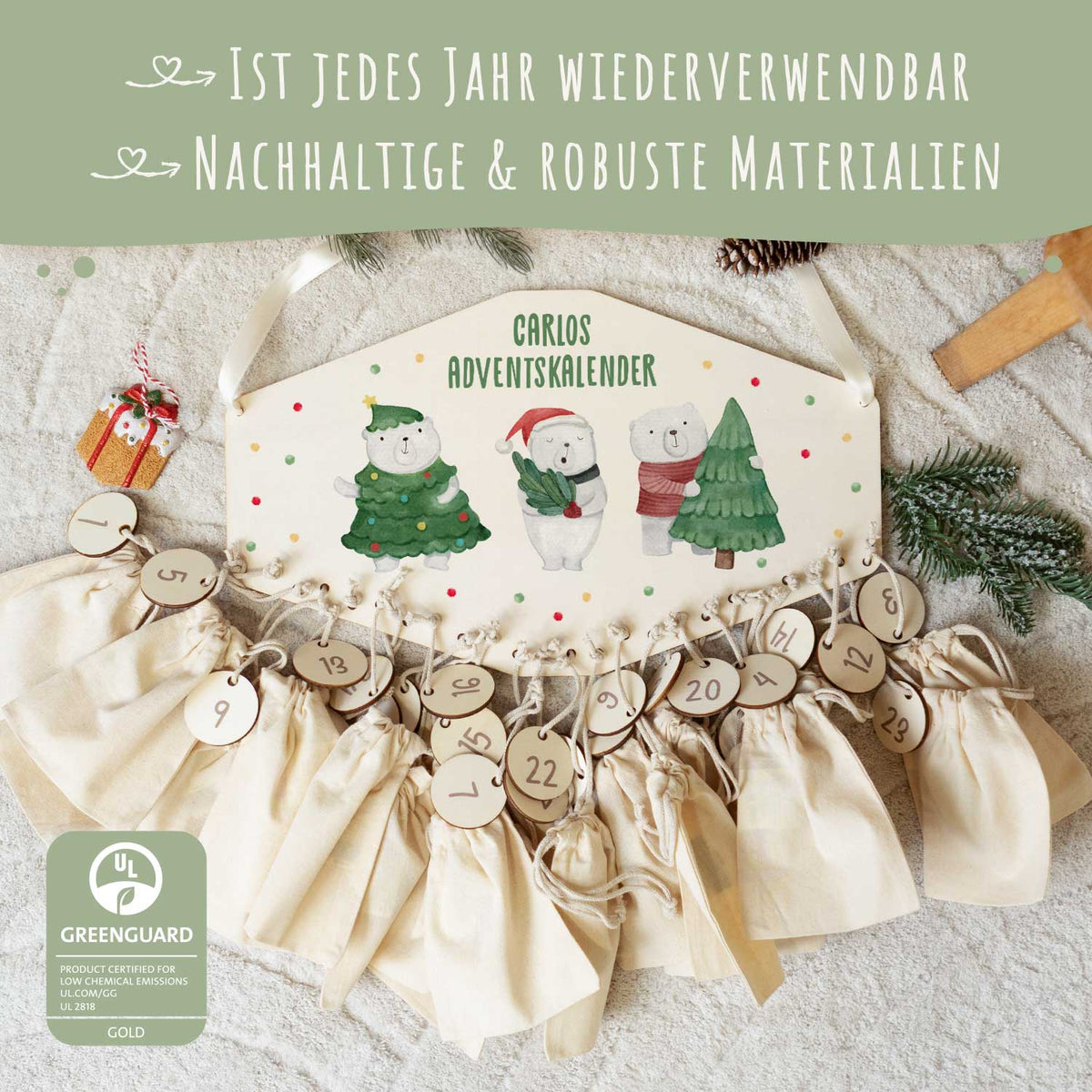 Personalisierter Holz-Adventskalender „Eisbären“ – mit Name