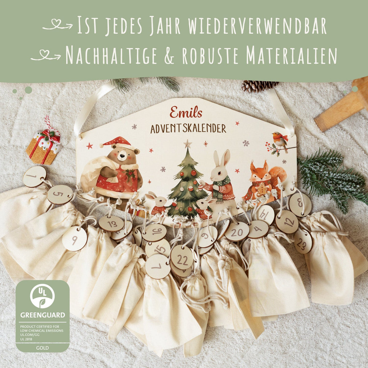 Personalisierter Holz-Adventskalender „Tiere im Weihnachtspullover“ – mit Name