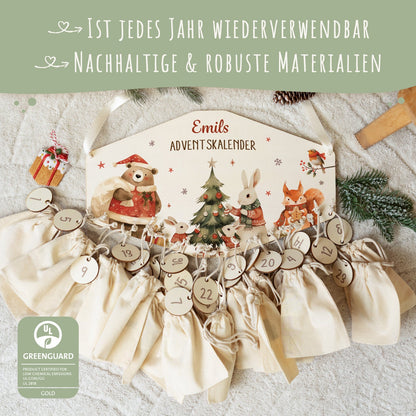 Personalisierter Holz-Adventskalender „Tiere im Weihnachtspullover“ – mit Name