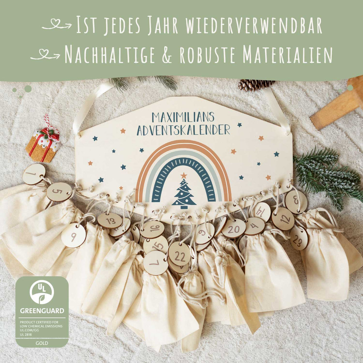 Personalisierter Holz-Adventskalender „Regenbogen“ – mit Name