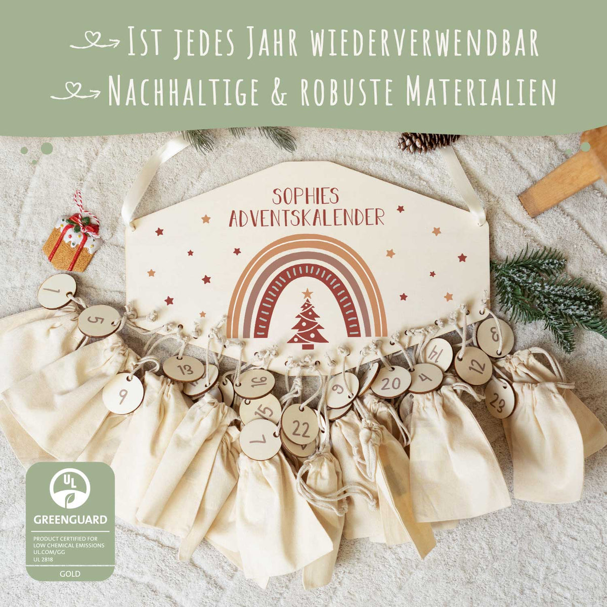 Personalisierter Holz-Adventskalender „Regenbogen“ – mit Name