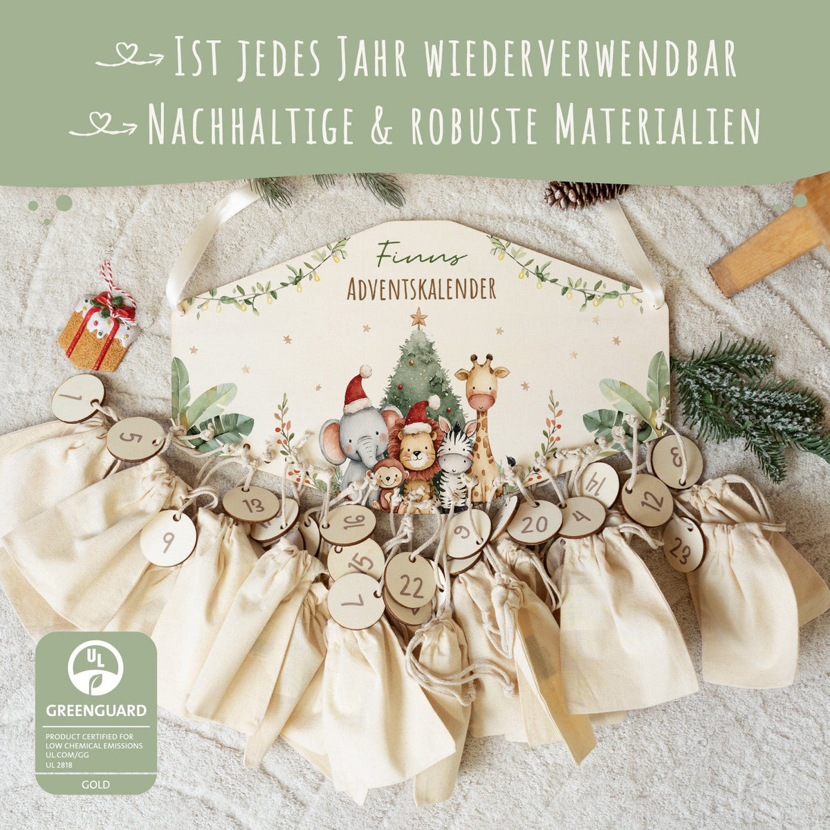 Personalisierter Holz-Adventskalender „Weihnachts-Safari“ – mit Name