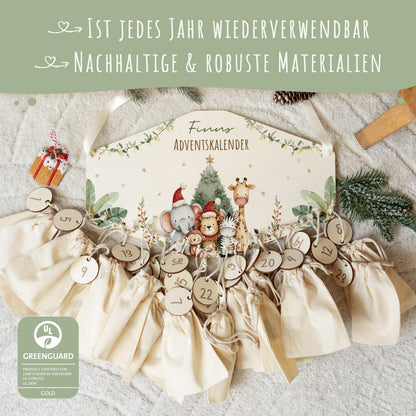 Personalisierter Holz-Adventskalender „Weihnachts-Safari“ – mit Name