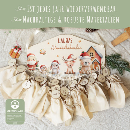 Personalisierter Holz-Adventskalender „Schneetiere“ – mit Name