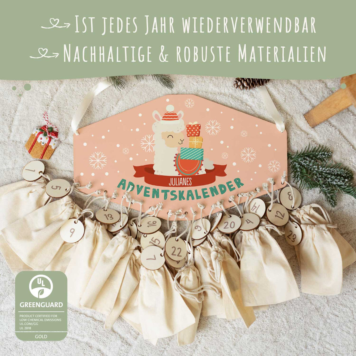 Gepersonaliseerde houten adventskalender „Winterdieren“ – met naam