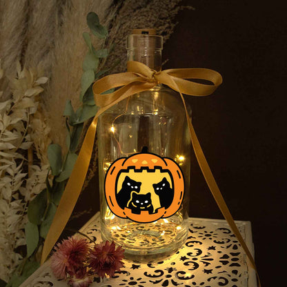 Halloween-Flaschenlicht „Kürbis & Katzen“ – Motivdetail