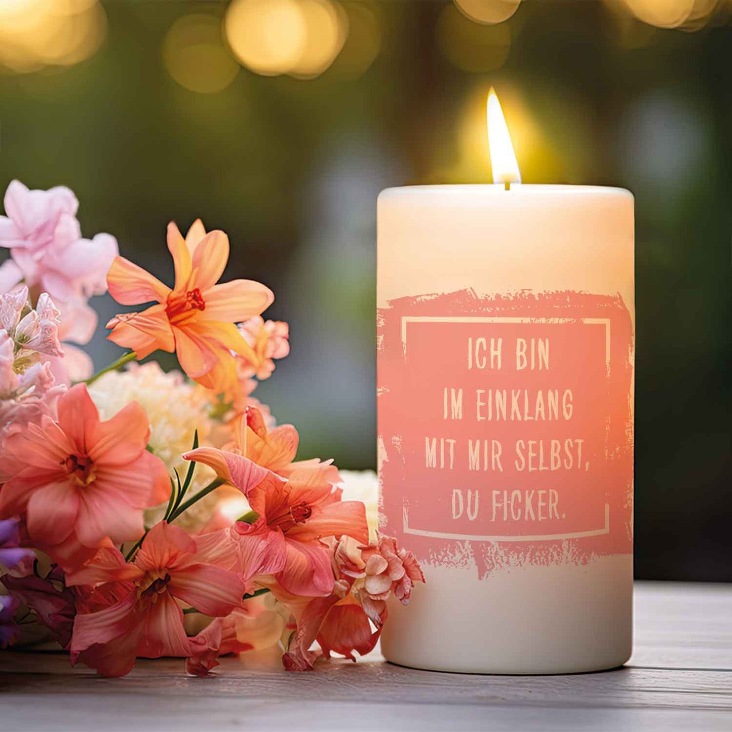 Kerze Im Einklang mit mir selbst – rosa Kerze in Wohnszene
