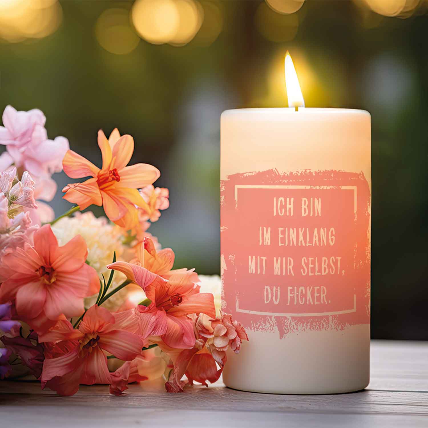 Kerze Im Einklang mit mir selbst – rosa Kerze in Wohnszene