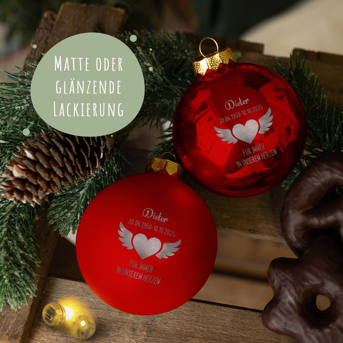 Gravierte Weihnachtskugel Flügelherz – weitere Ansicht