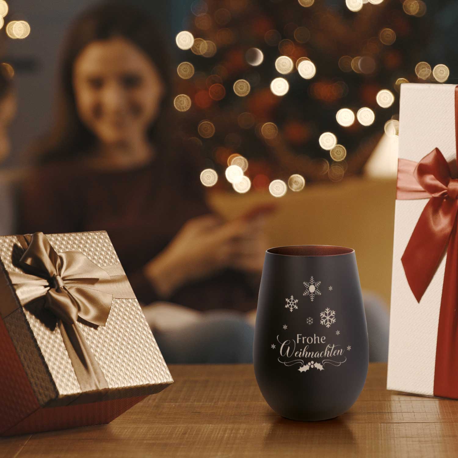 Windlicht Frohe Weihnachten Schneeflocke in stimmungsvoller Weihnachtsdekoration