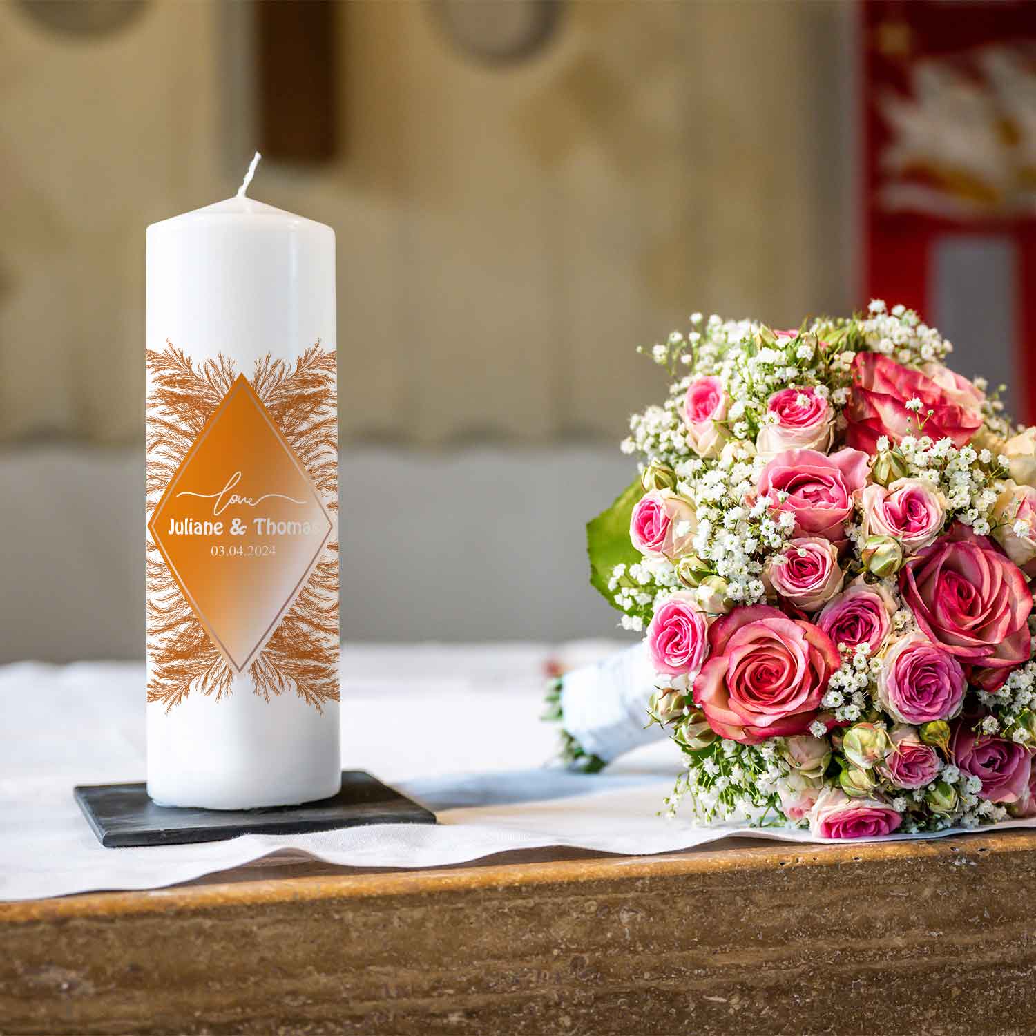 Hochzeitskerze Pampasgras Love – Seitenansicht
