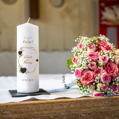 Hochzeitskerze „Hölzerne Hochzeit“ – Personalisierungsbeispiel