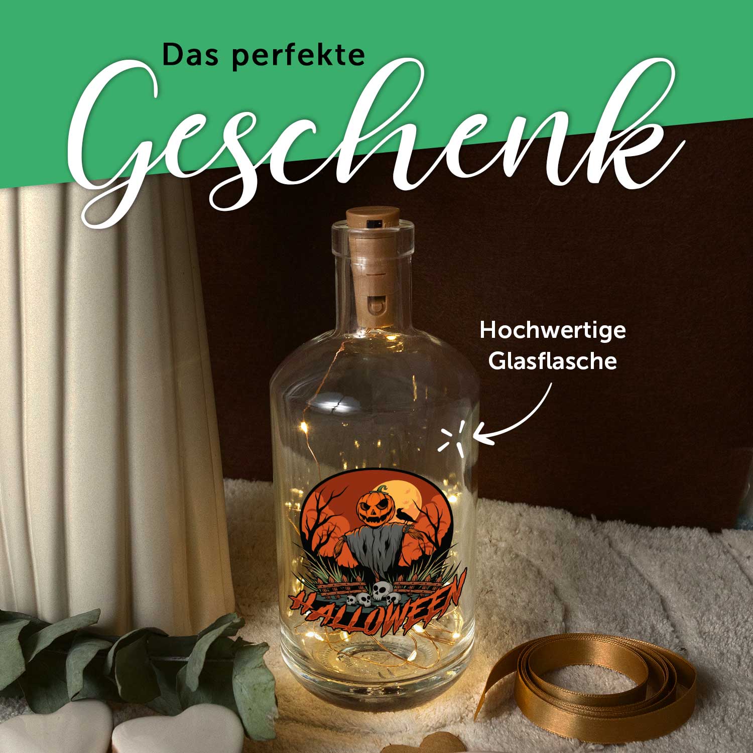 LED-Flaschenlicht „Vogelscheuche I“ als Halloween-Deko