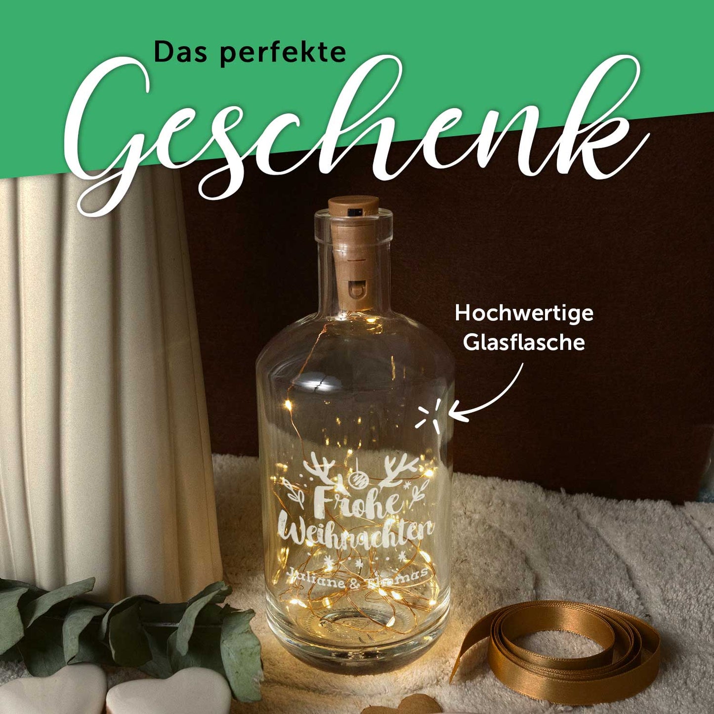 LED-Flaschenlicht „Frohe Weihnachten“ – Rückansicht der Glasflasche mit Lichterkette
