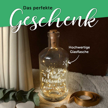 LED-Flaschenlicht „Frohe Weihnachten“ – Rückansicht der Glasflasche mit Lichterkette