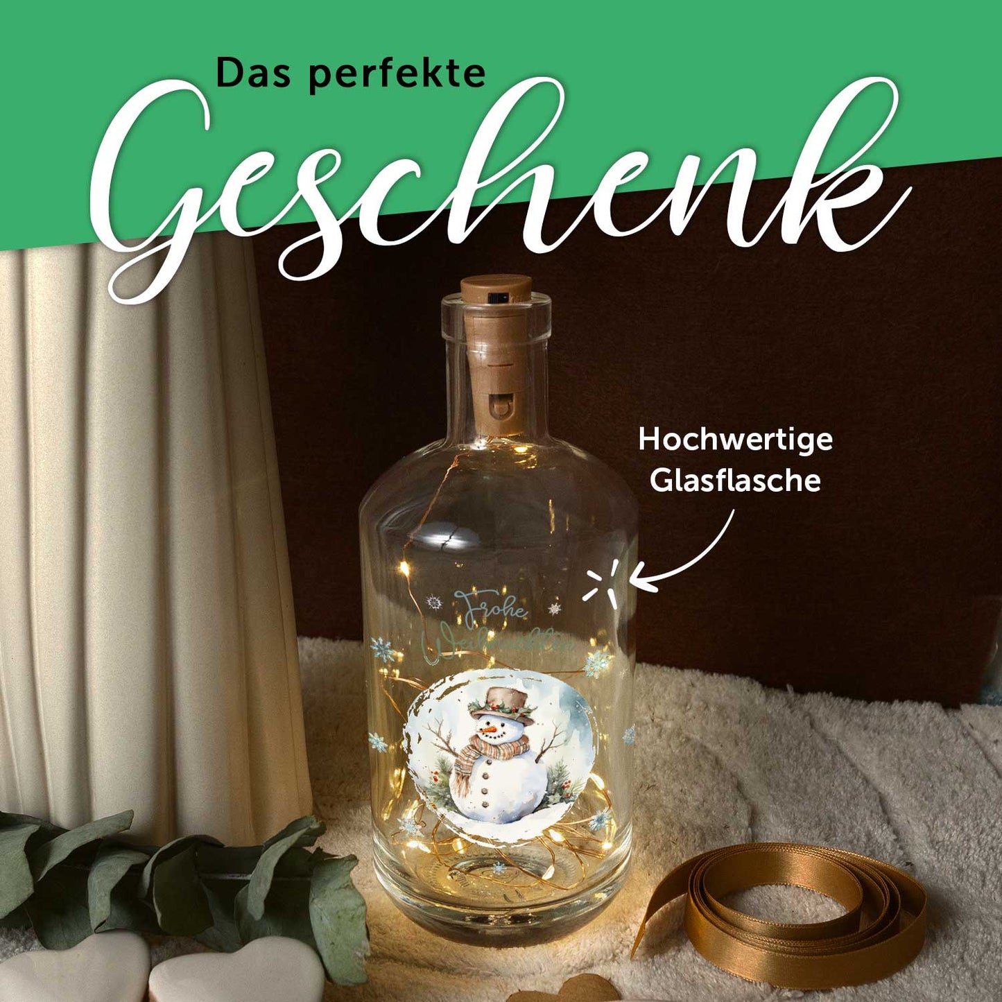 LED-Flaschenlicht „Schneemann“ – Rückansicht der Glasflasche