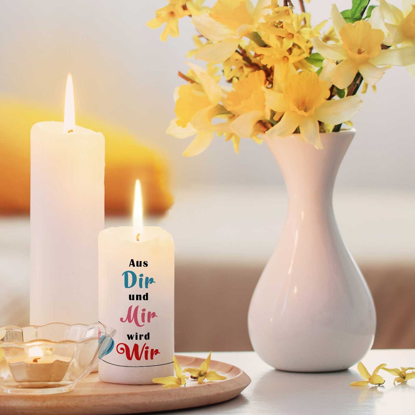 Kleine Kerze „Aus dir und mir wird wir“ – 12 cm
