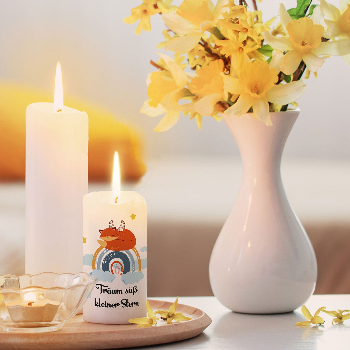 Kinder-Gedenkkerze mit Fuchs und Regenbogen