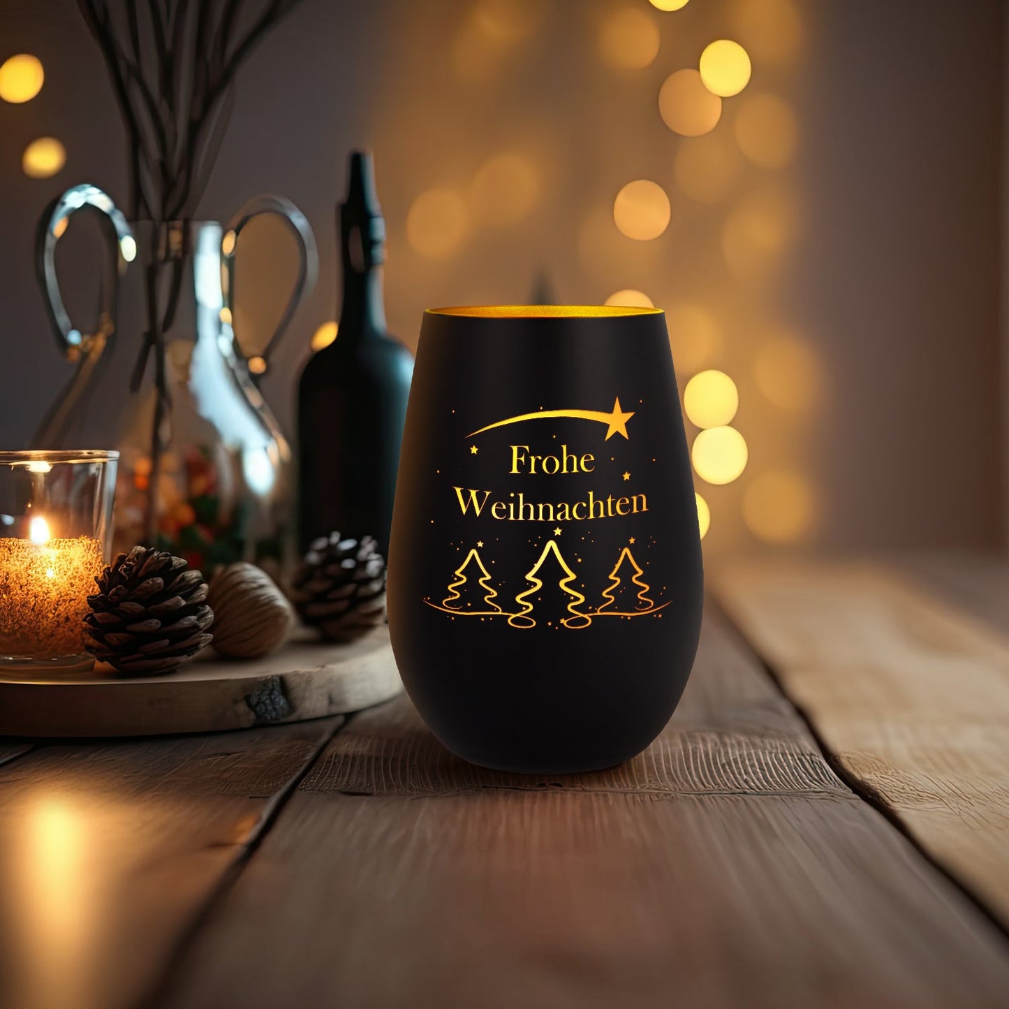 Windlicht Tannenbaum Frohe Weihnachten Schwarz-Gold als Lichtdeko