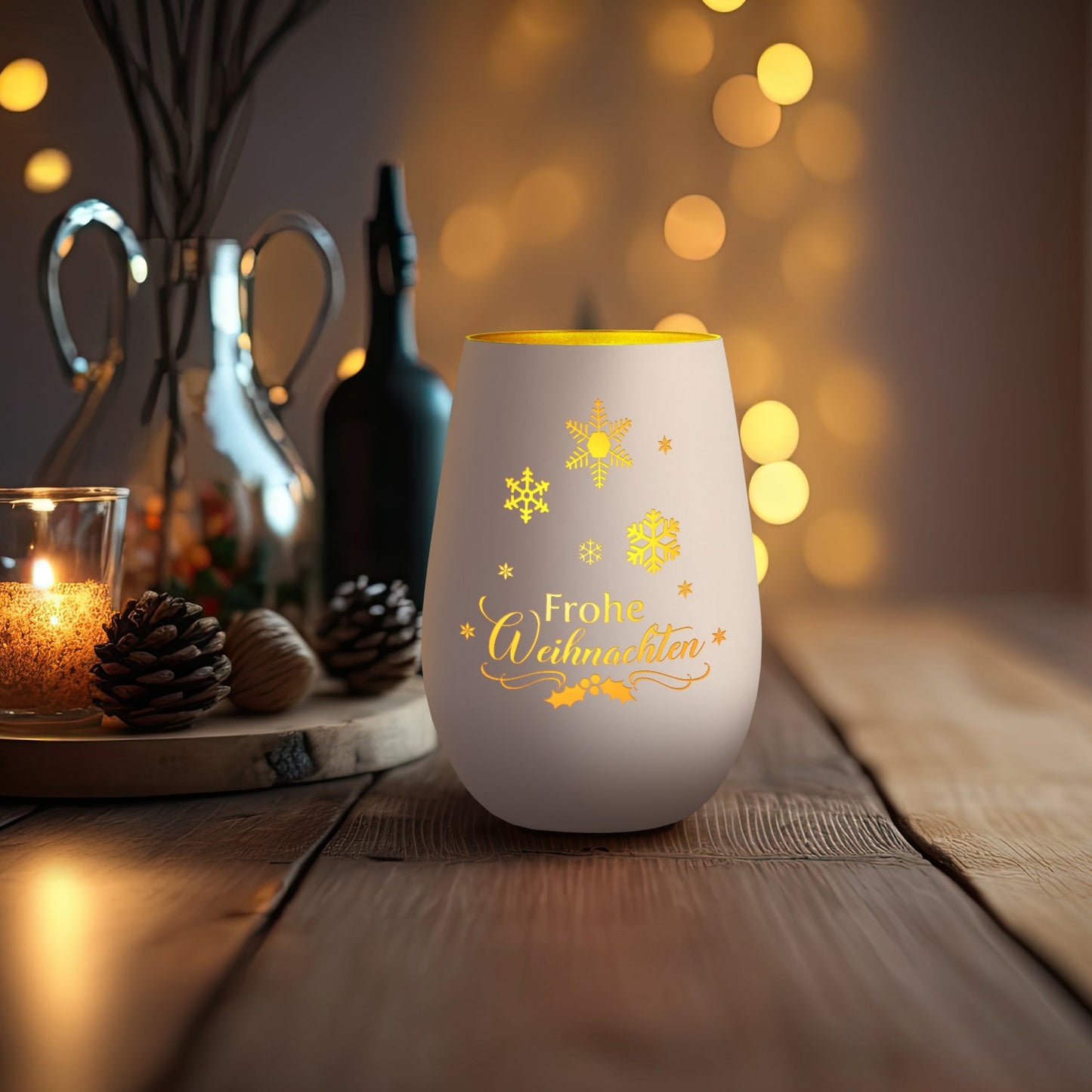 Windlicht Frohe Weihnachten Schneeflocke Weiß-Gold als Lichtdeko
