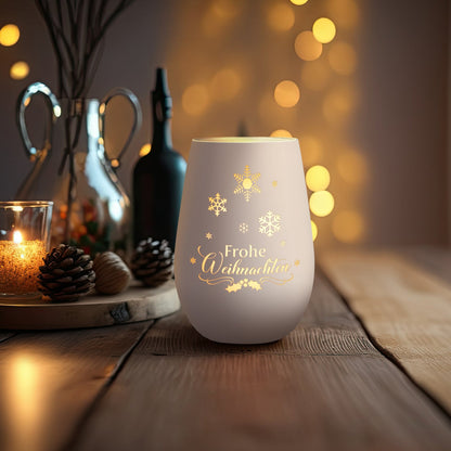 Windlicht Frohe Weihnachten Schneeflocke Weiß-Silber als Lichtdeko