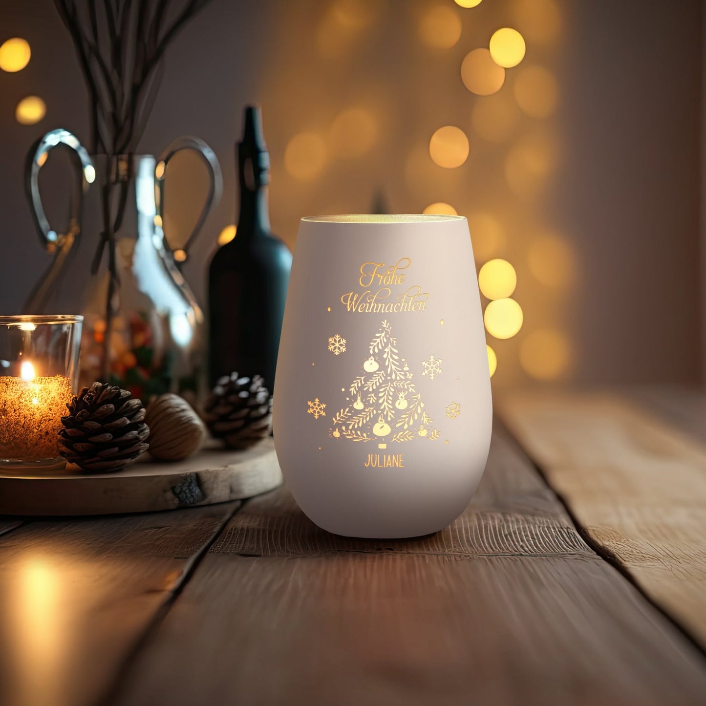 Personalisiertes Windlicht Frohe Weihnachten Weiß-Silber als Lichtdeko