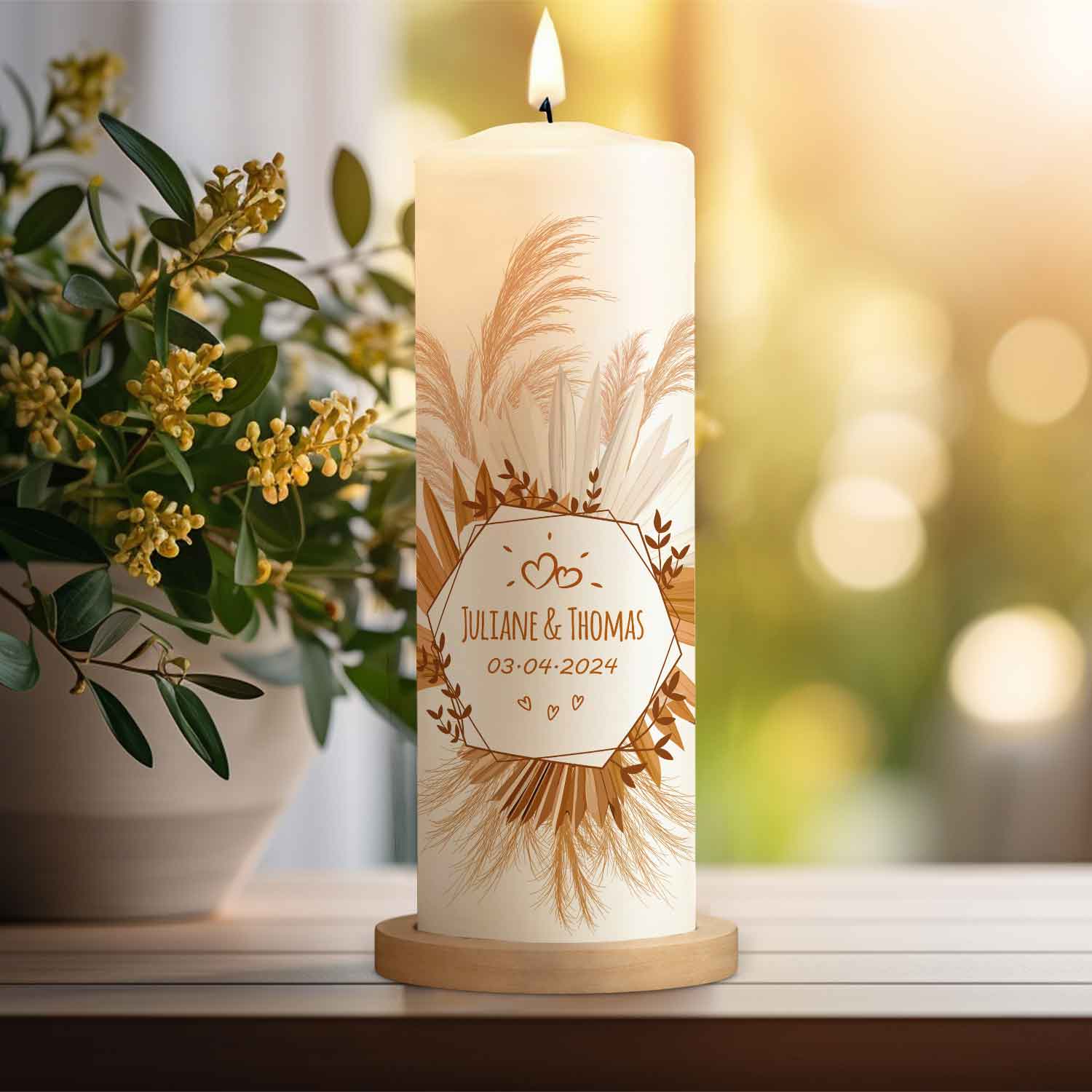 Große Hochzeitskerze „Tropical Pampasgras“ – Druckdetail