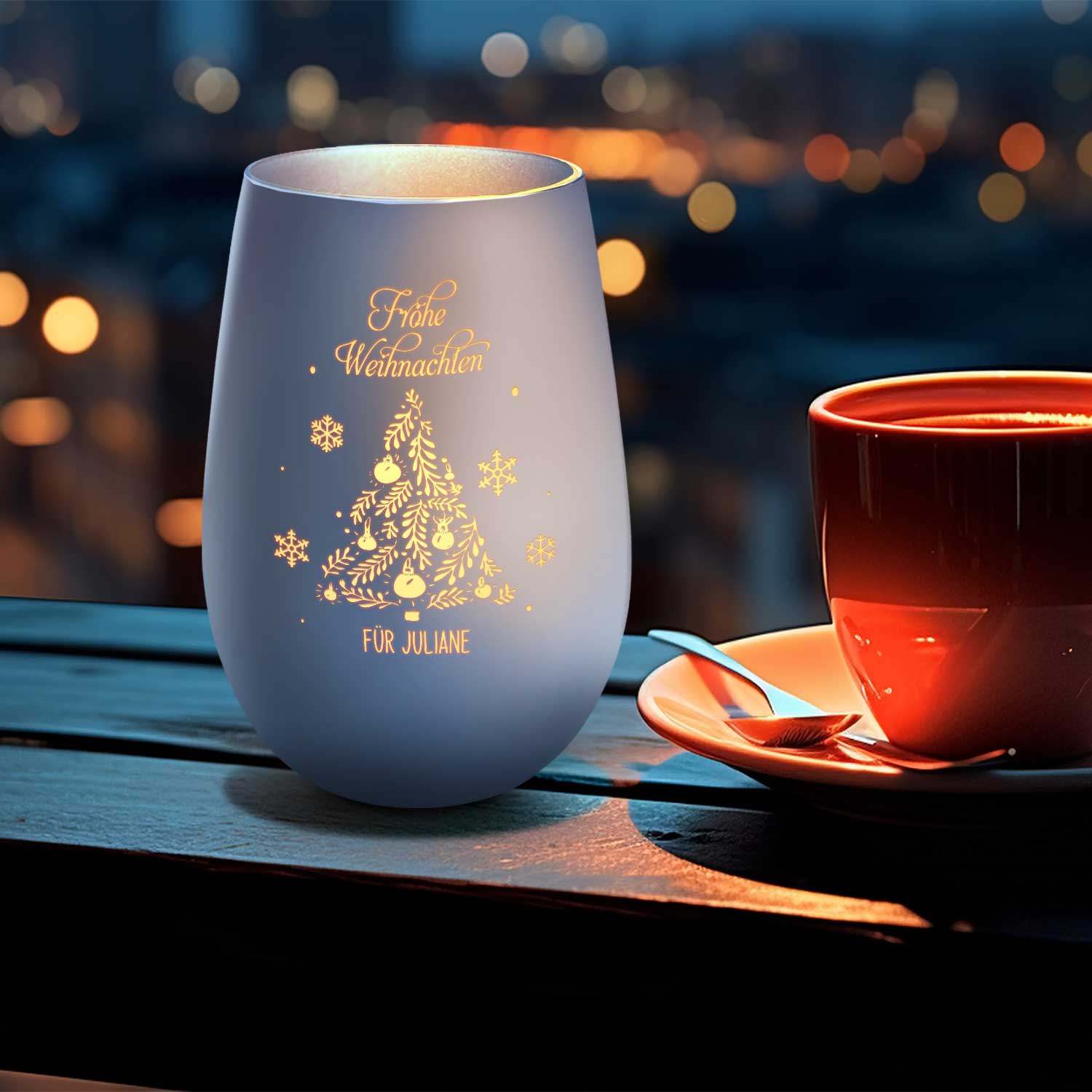 Personalisiertes Windlicht Frohe Weihnachten Weiß-Silber – Detailansicht