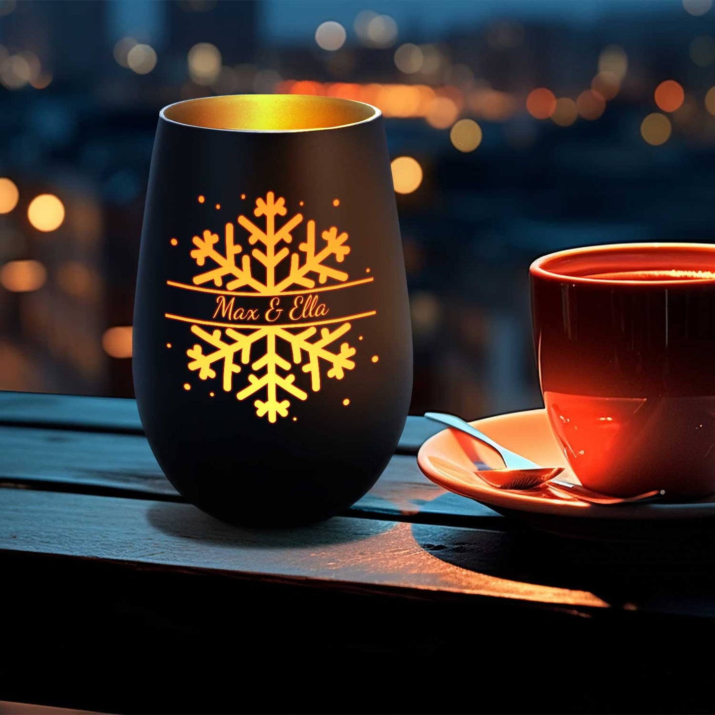 Personalisiertes Windlicht „Schneeflocke“ – Name & Datum