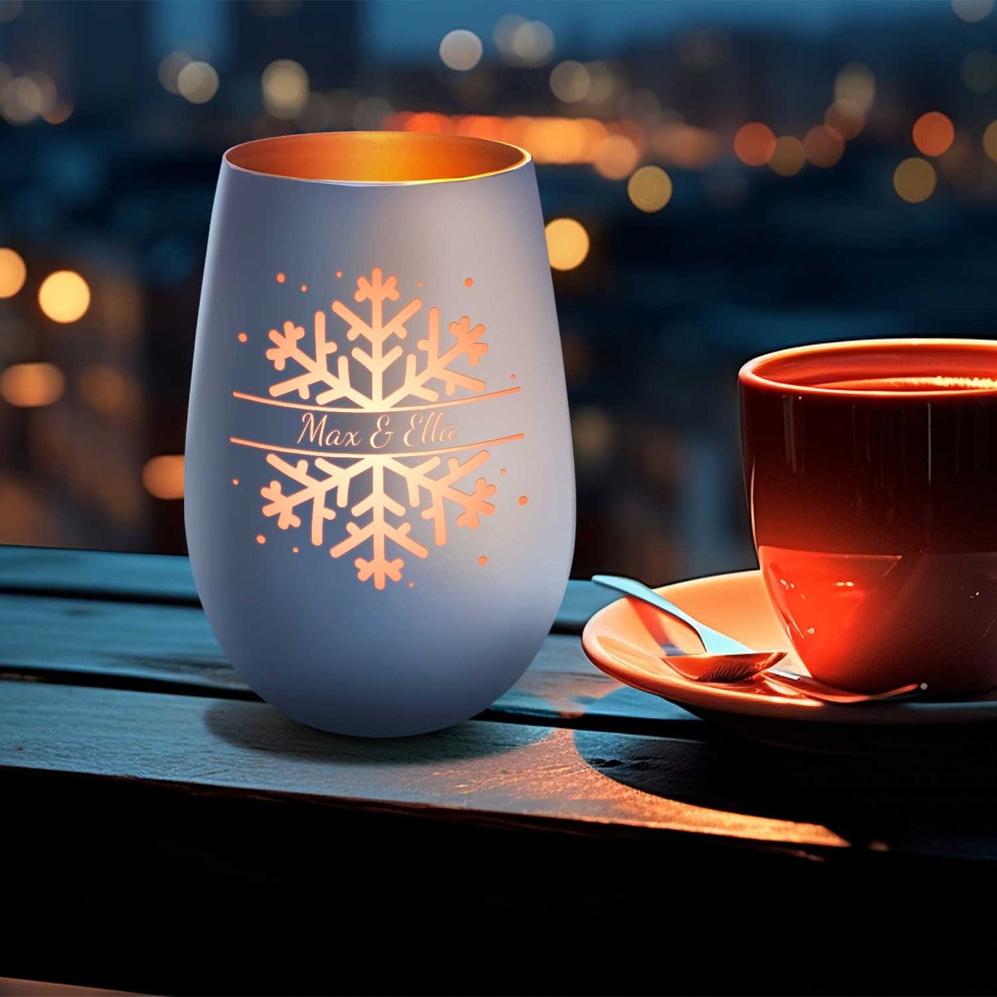 Personalisiertes Windlicht „Schneeflocke“ – Name & Datum