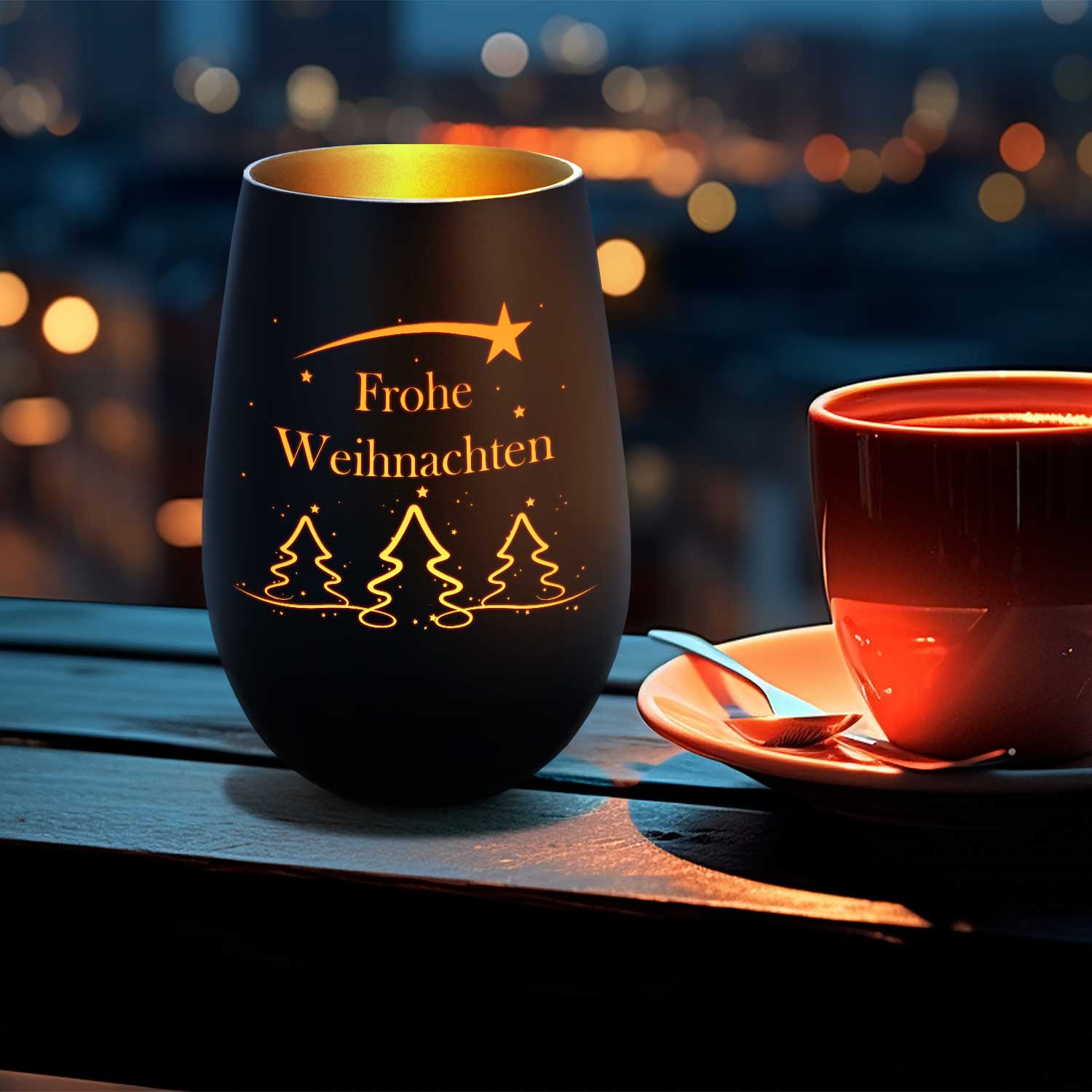 Graviertes Windlicht Tannenbaum Frohe Weihnachten Schwarz-Gold – Detail