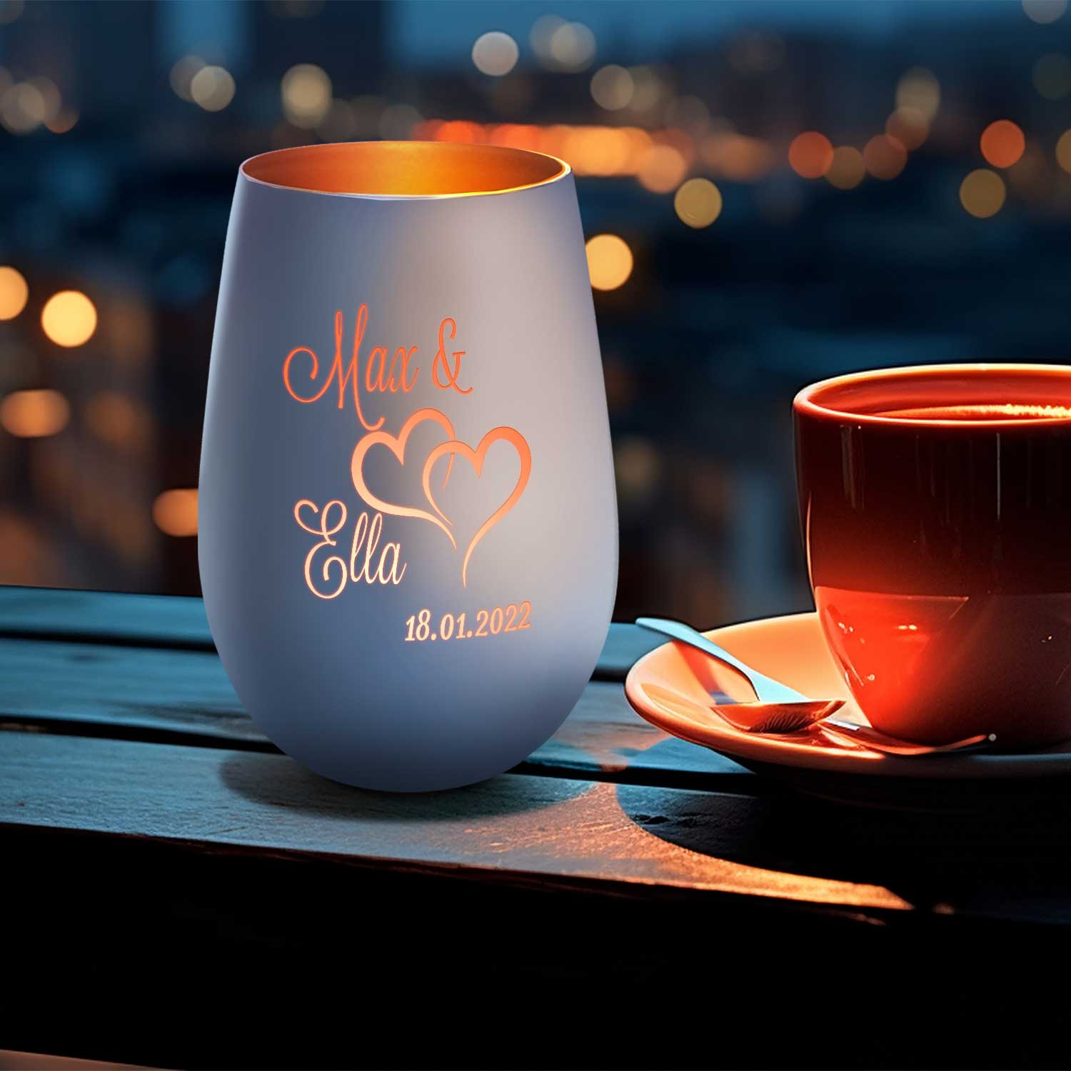 Windlicht „Die große Liebe“ – Produktansicht mit Gravur