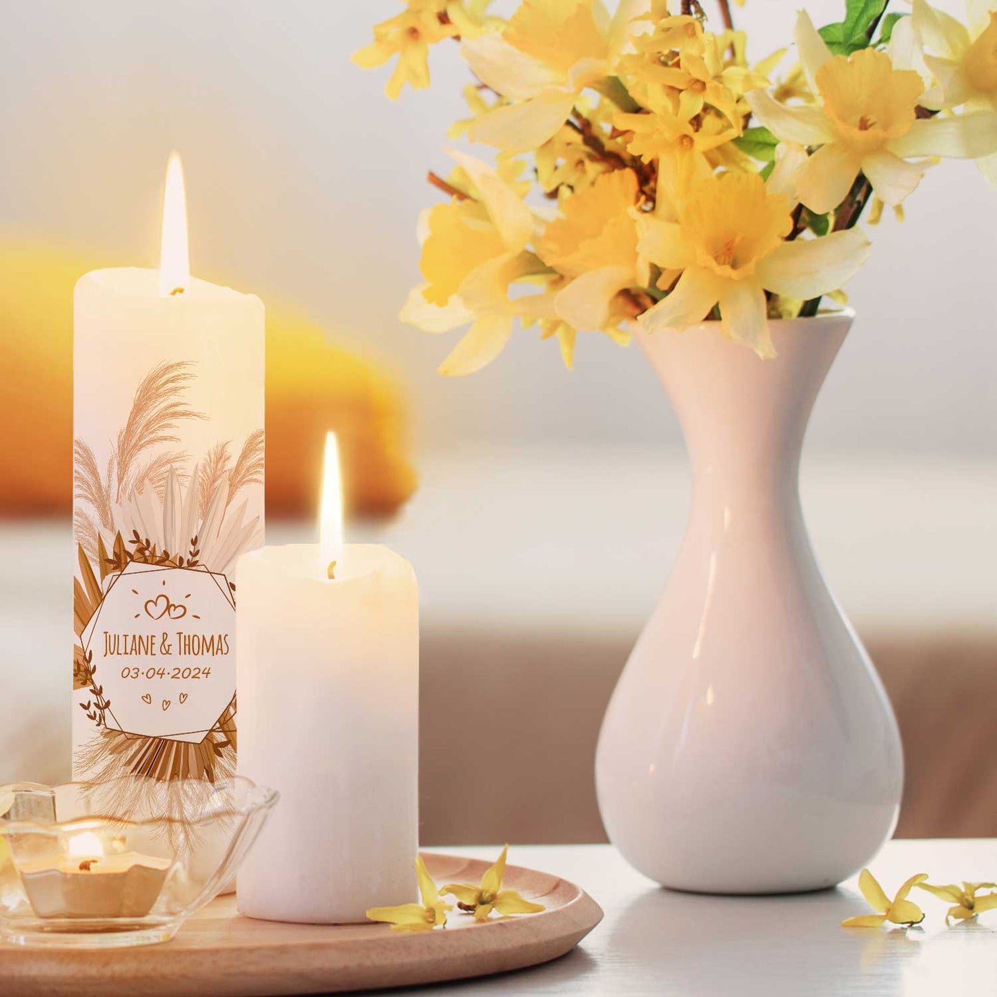 Große Hochzeitskerze „Tropical Pampasgras“ – Personalisierungsbeispiel