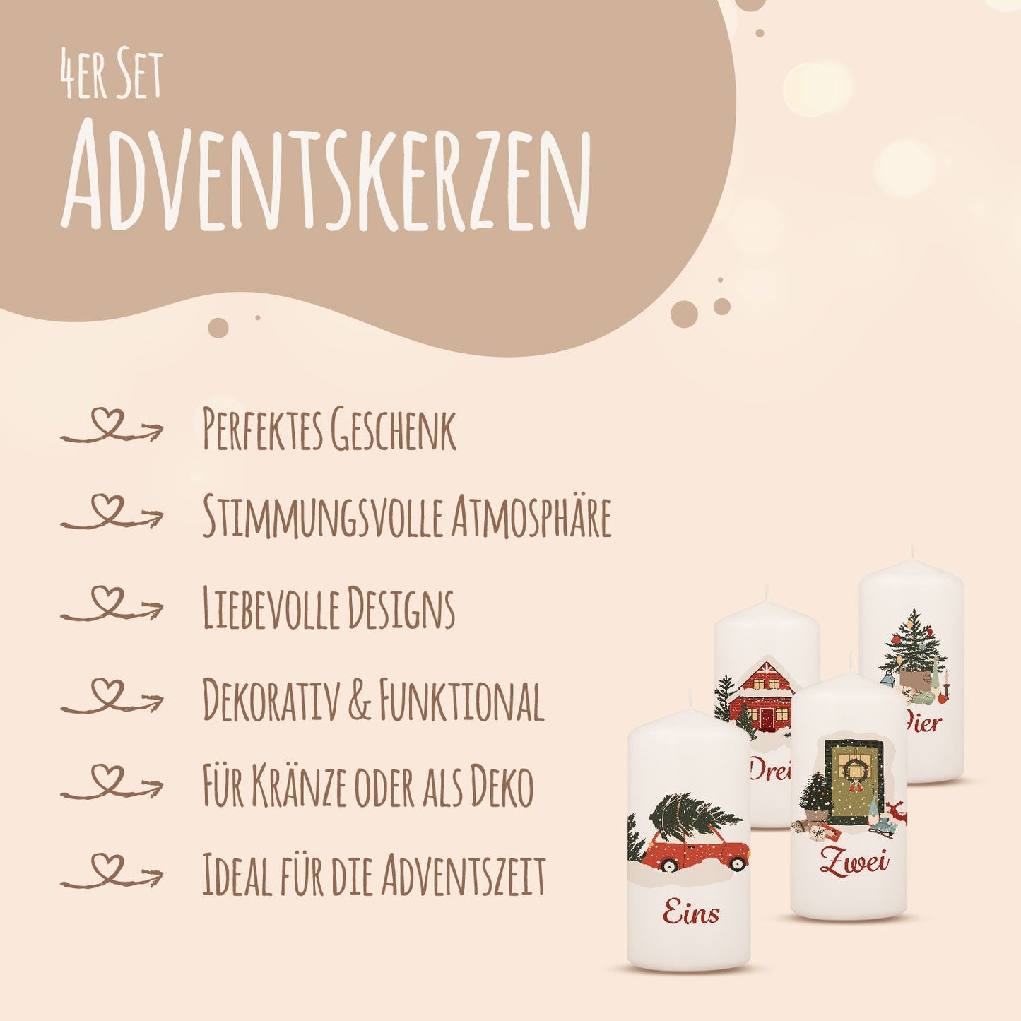 Adventskerzen „Weihnachtsmotive“ – 4er-Set