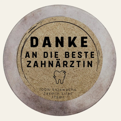 Handgemachte Duftkerze „Danke Beste Zahnärztin“ – Personalisierbares Geschenk für besondere Arbeit
