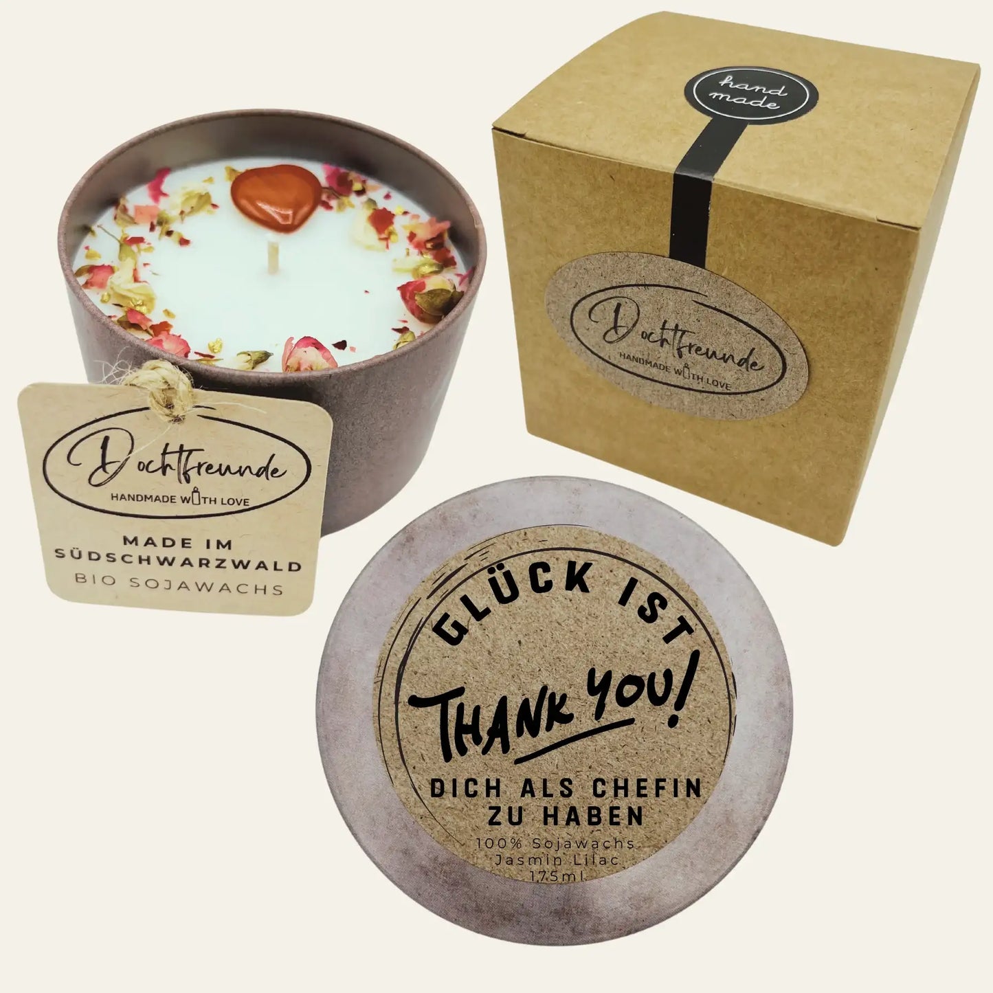 Personalisierte Duftkerze mit Deckel „Glück ist dich als Chefin zu haben“ Einzigartiges Geschenk Handgemacht im Südschwarzwald