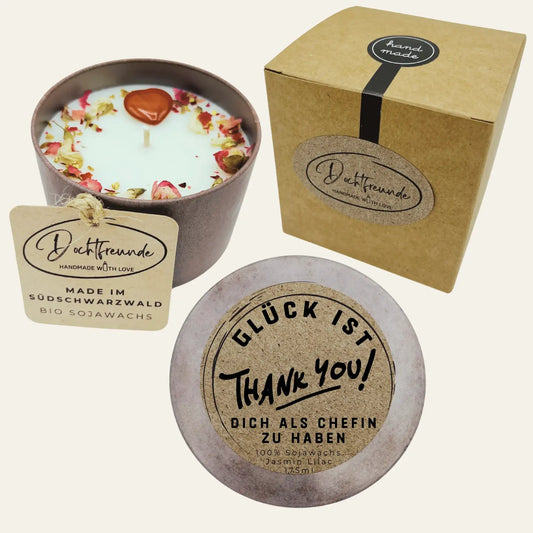 Personalisierte Duftkerze mit Deckel „Glück ist dich als Chefin zu haben“ Einzigartiges Geschenk Handgemacht im Südschwarzwald
