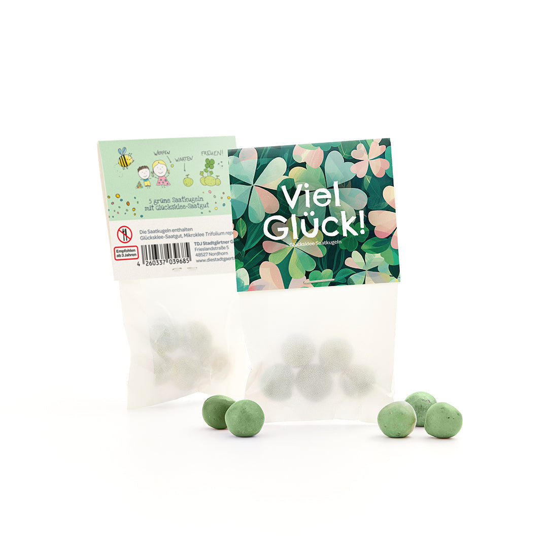10×5 Blumenmurmeln „Viel Glück“ – Kleeblattmuster – Produkt-Freisteller