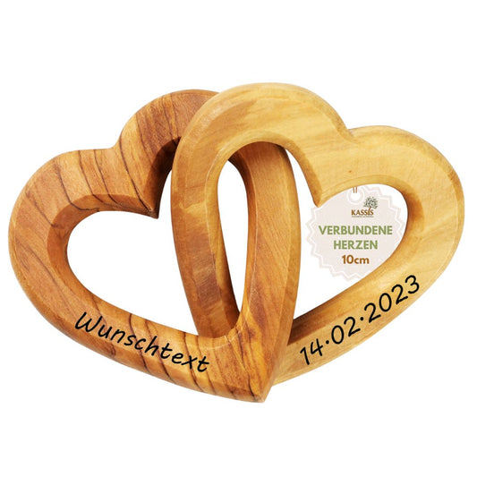 Zwei verbundene Olivenholz-Herzen mit Gravur – 10 cm