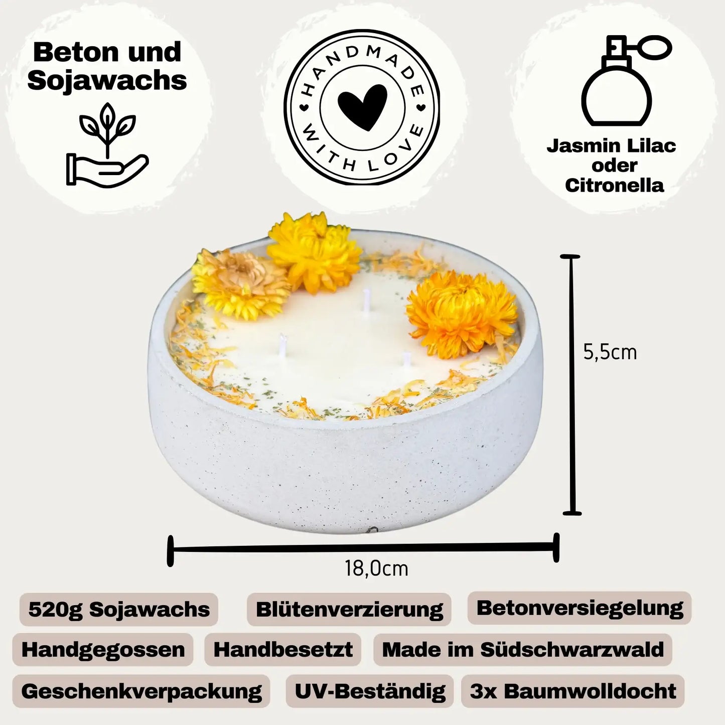 XL Betonkerze "Big Sunshine" – 3-Docht & gelbe Blüten | 18cm | Handgegossen