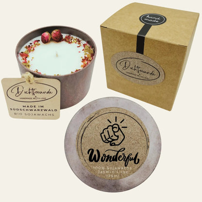 Personalisierte Duftkerze – Dekor Rosenblätter & Gold