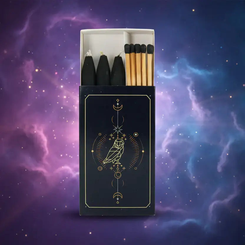 Ritual-Set „Die Eule – Hüterin der Geheimnisse“ – Schwarze Kerzen & lange Streichhölzer