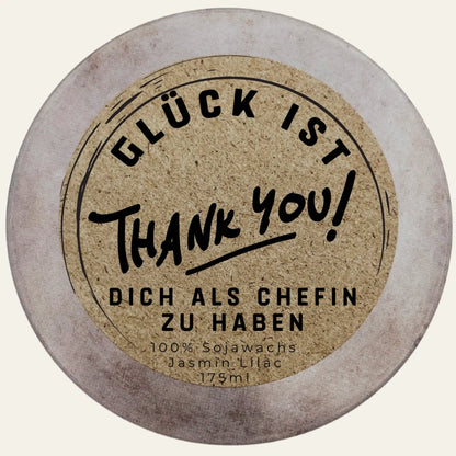 Personalisierte Duftkerze mit Deckel „Glück ist dich als Chefin zu haben“ Einzigartiges Geschenk Handgemacht im Südschwarzwald