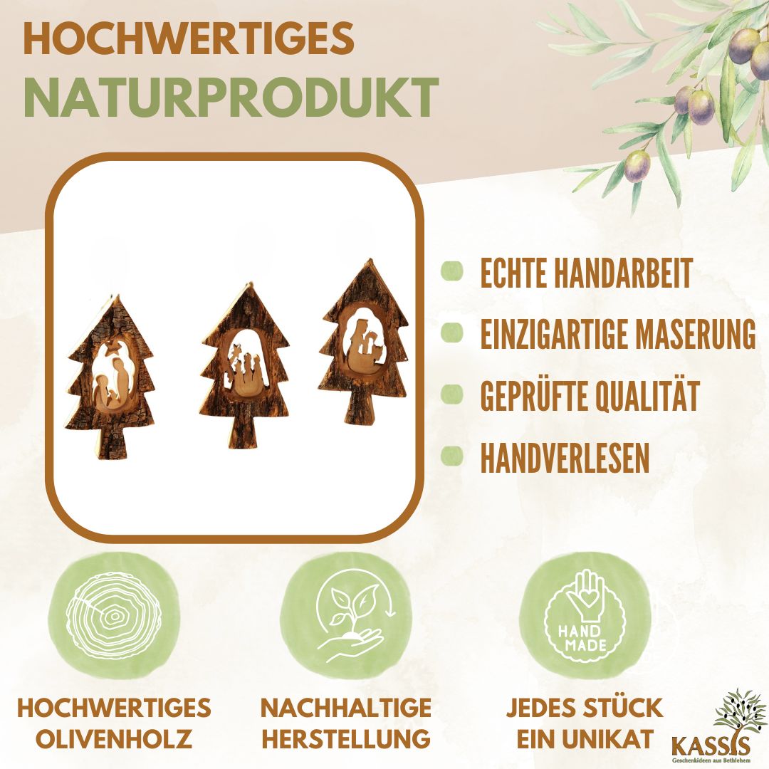 Krippen-Anhänger im Tannenbaum – 3er-Set mit Rinde