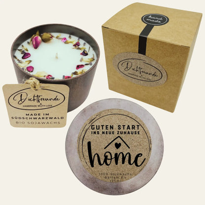 Handgemachte und personalisierbare Duftkerze „Guten Start ins neue Zuhause“ – Geschenk für den Umzug oder Einzug, Einweihungsgeschenk