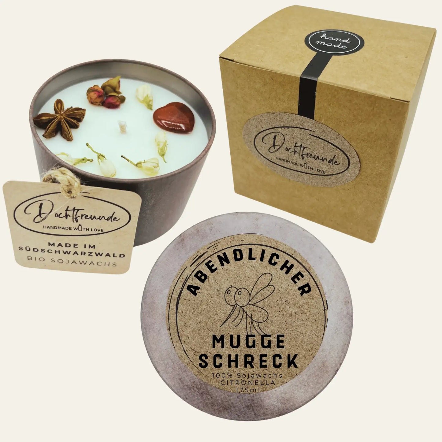 Handbesetzte Duftkerze „Abendlicher Mugge Schreck“ – Personalisierbares Geschenk aus dem Südschwarzwald mit Citronella Duft
