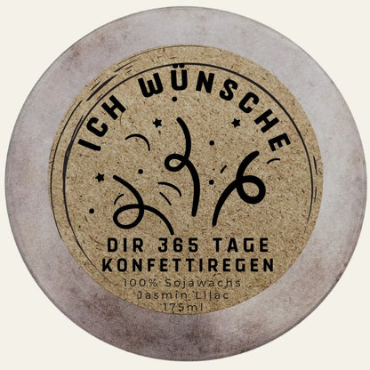 Personalisierbare Duftkerze „Ich wünsche dir 365 Tage Konfettiregen“ Freude, Lebensfroheit als kreative und Lustige Idee zu verschenken.