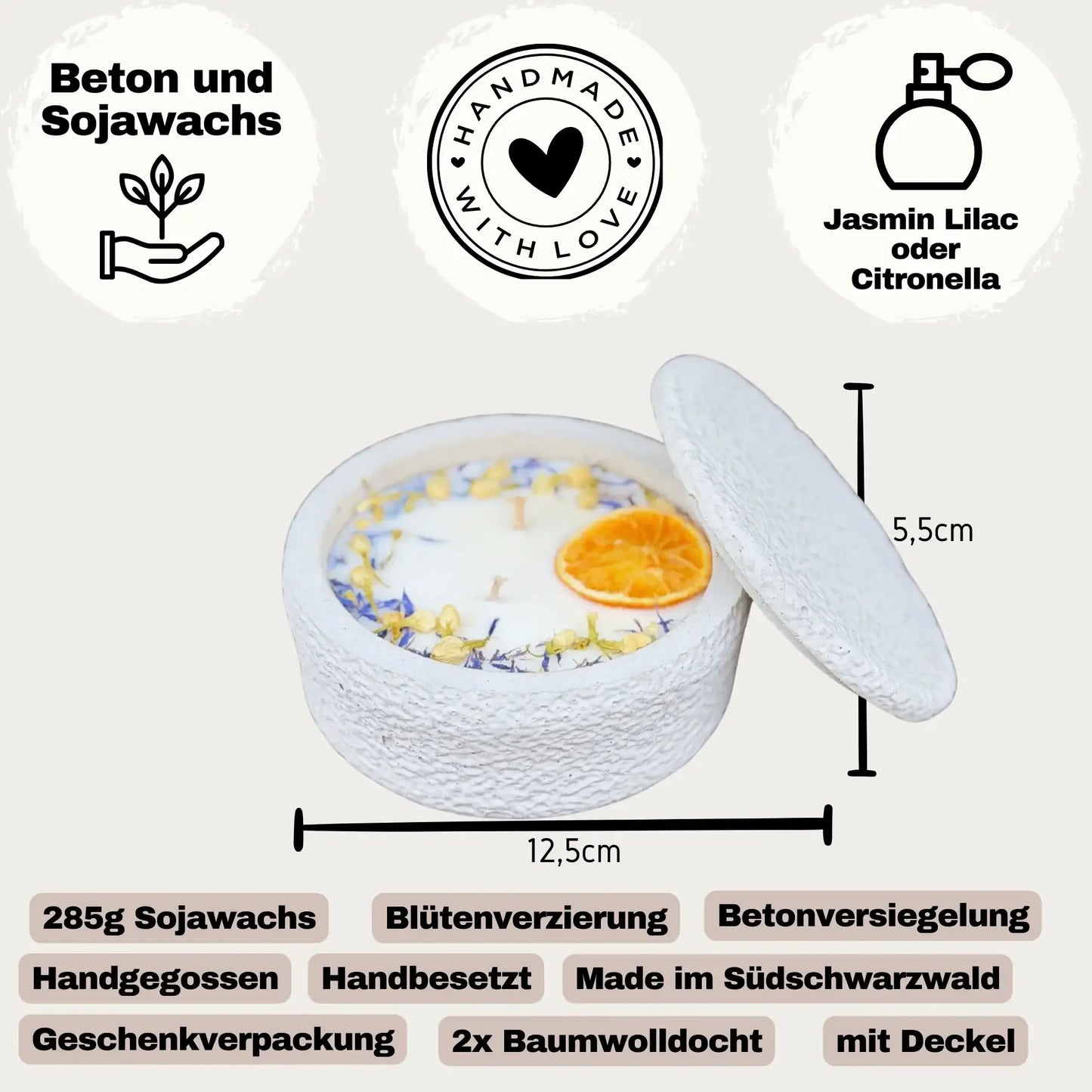 Betonkerze mit Deckel "Grey Secret" | 2-Docht & Orange | 12,5cm