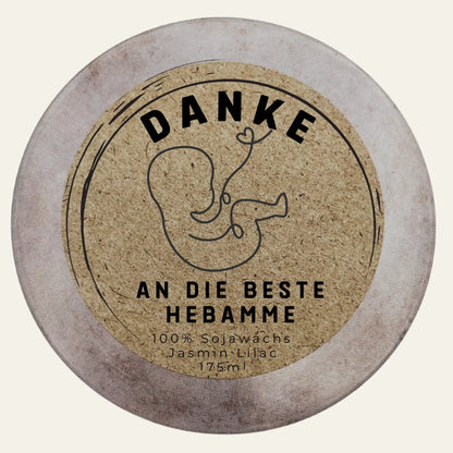 Personalisierte Duftkerze mit Deckel „Danke an die beste Hebamme“ – Einzigartiges Geschenk für die Hebamme nach der Entbindung im Wochenbett