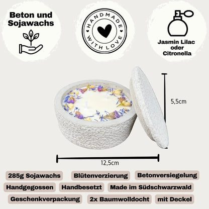 Betonkerze mit Deckel "Grey Dream" – 2-Docht & blaue Blüten | 12,5cm